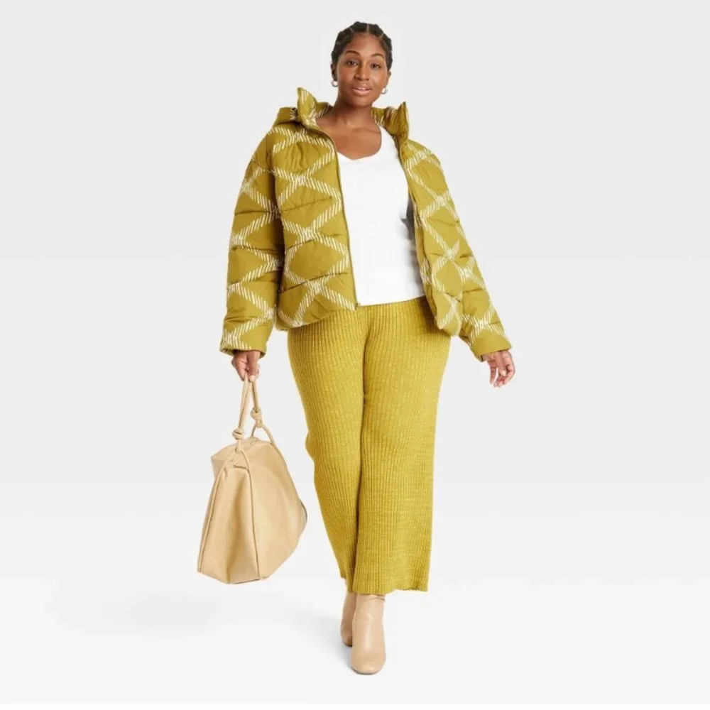 Women's Plus Size Hooded Short Puffer Coat - Ava & Viv Green Diamond 1X NWT - Picture 8 of 8